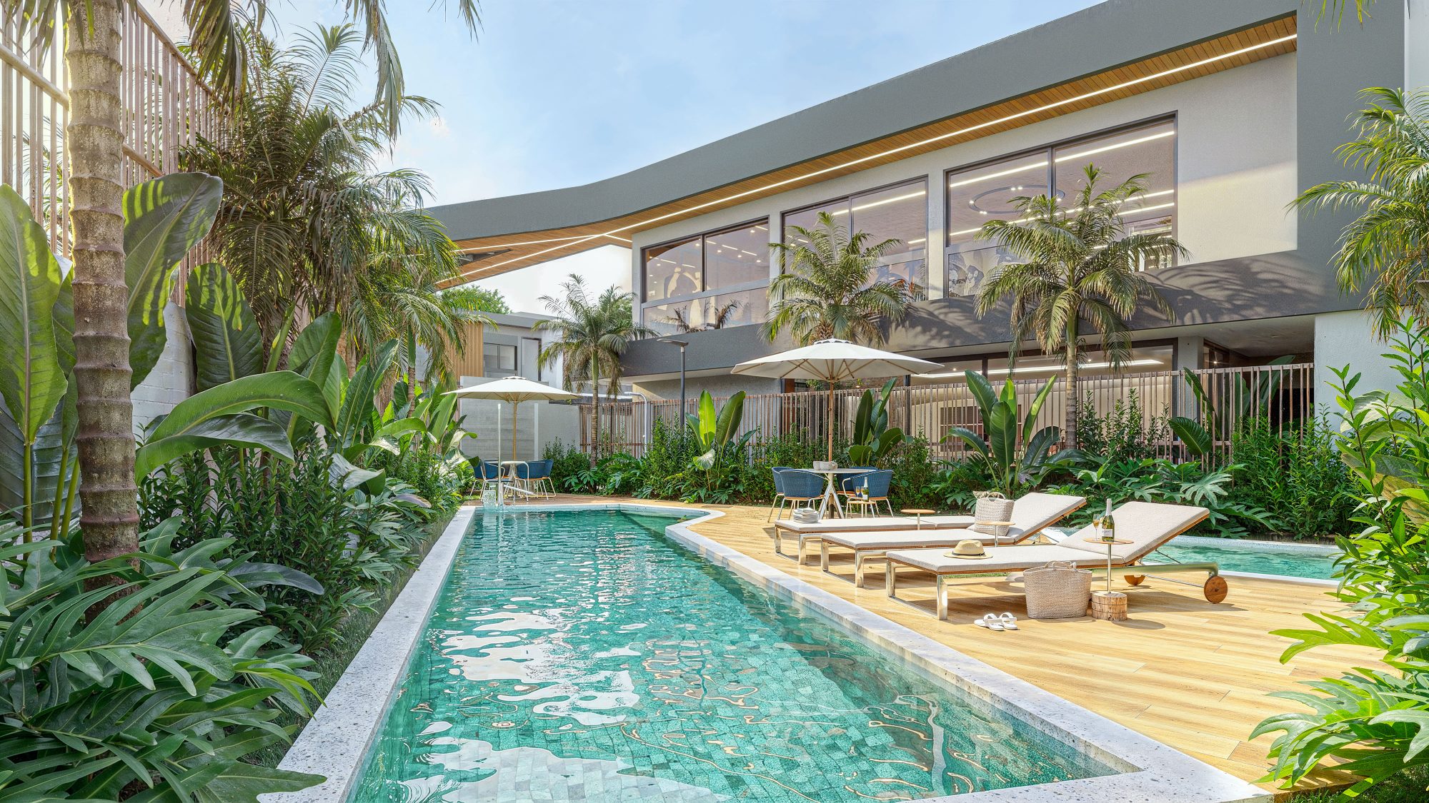 Piscina com raia, prainha e deck solarium
